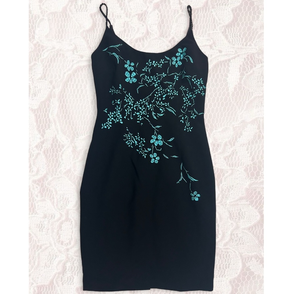 Maggy London Vintage Black Dress with Blue Floral Pattern